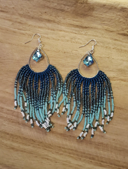 Teal & Olive Peacock Fringe Earrings