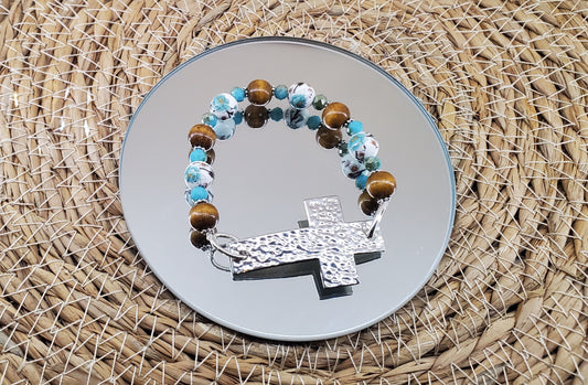 Wood & Ceramic Hammered Cross Bracelet