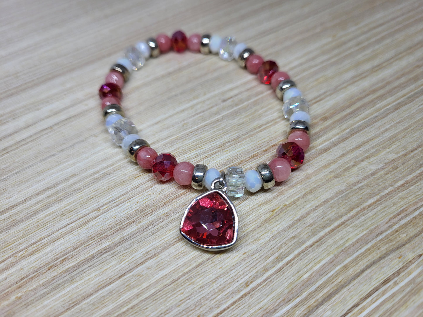 Coral and White Beaded Stretch Bracelet